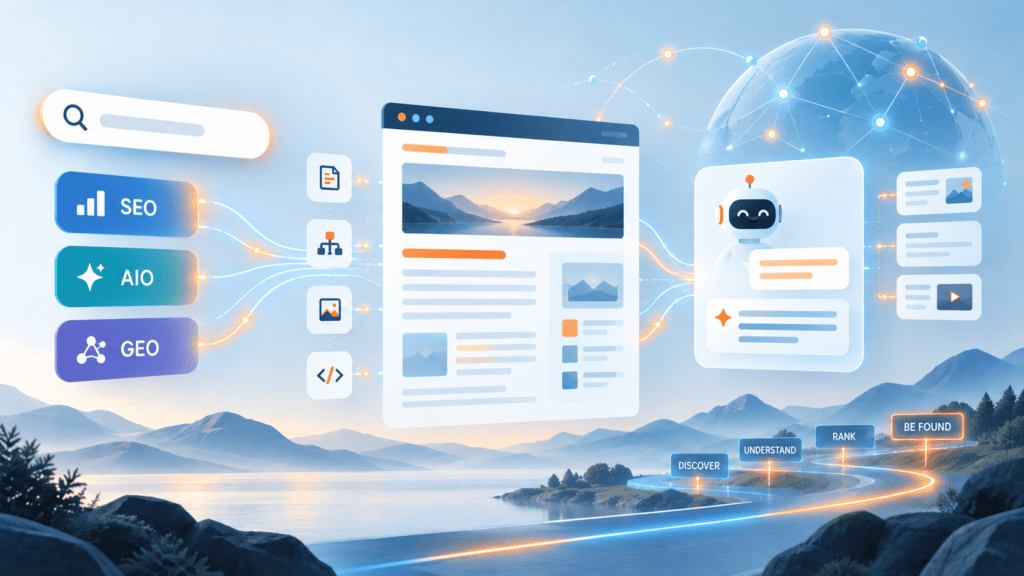 Hero-Grafik zu KI-Sichtbarkeit mit SEO, AIO und GEO: Website-Inhalte, KI-Assistent und Suchsysteme in einer vernetzten digitalen Illustration.
